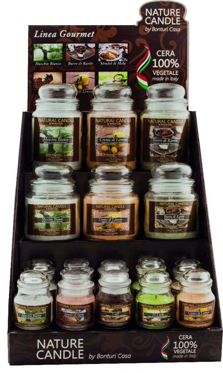 Espositore Gourmet con 22 candele (12 da 90gr+6 da 380gr+4 da 580gr)