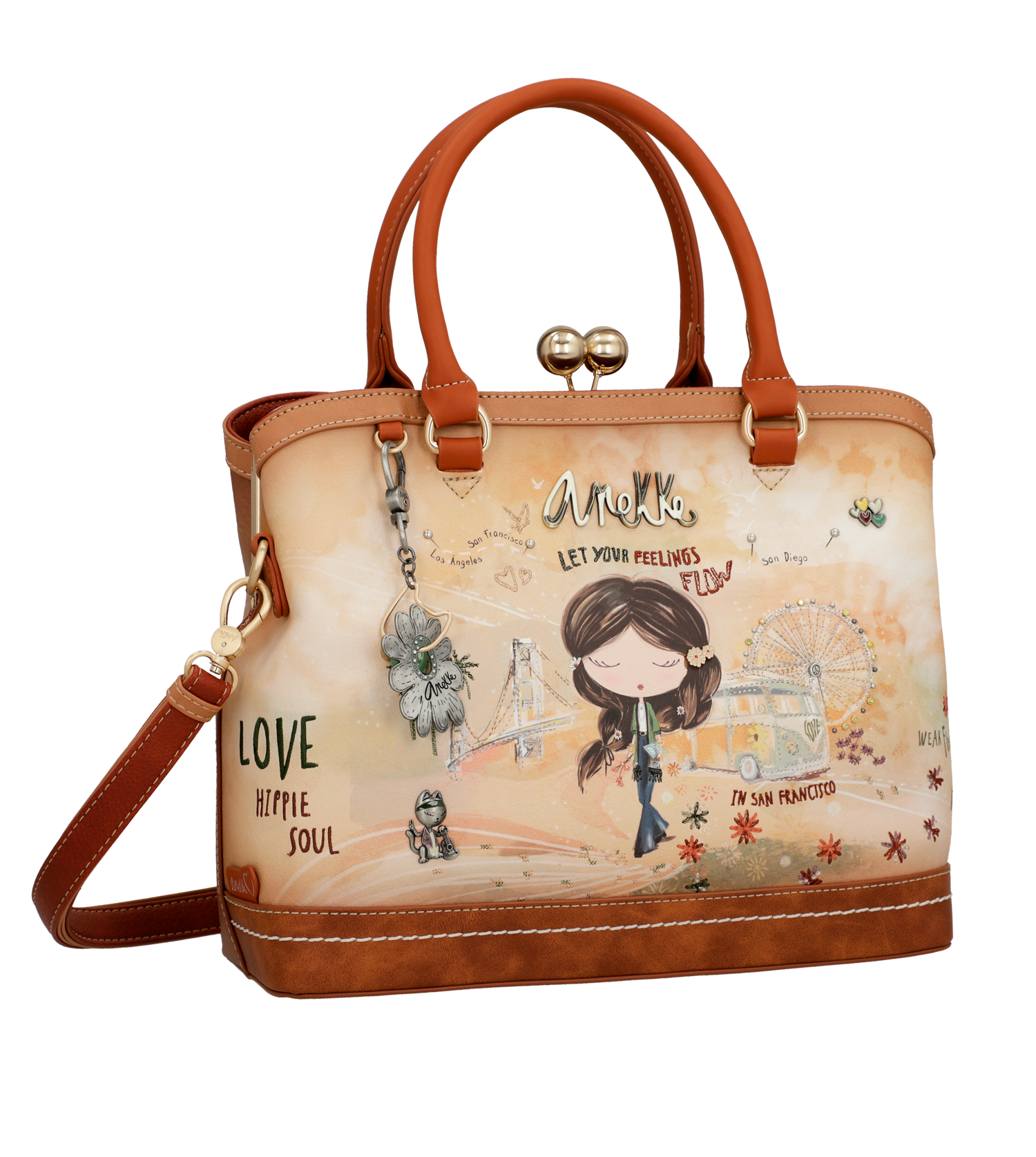 Borsa con chiusura bacio color cammello Peace & Love anekke